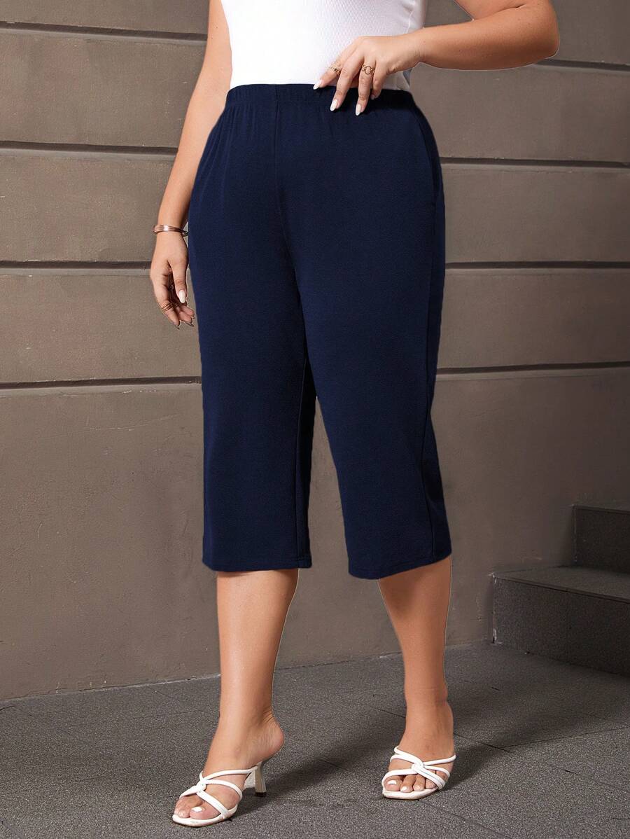 EMERY ROSE Plus Solid Capris Pants - Navy Blue - View 1