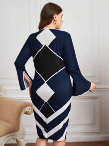 SHEIN Clasi 大碼幾何印花荷葉袖緊身洋裝 - 彩色 - 查看 2