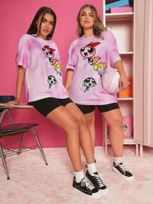THE POWERPUFF GIRLS X SHEIN 1pc Cartoon Graphic Drop Shoulder Tee - Pink - View 8