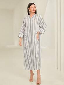 Al Najma Striped Print Batwing Sleeve Dual Pocket Dress, Modest