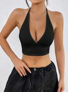 SHEIN EZwear Black Solid Backless Crop Halter Top
