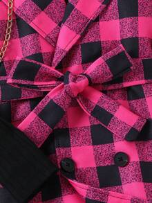 SHEIN Tween Girl Buffalo Plaid Print Double Breasted Belted Vest Coat & Solid Tee & Scarf - Multicolor - View 7