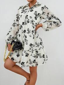 SHEIN Essnce 蝴蝶圖案燈籠袖荷葉邊襯衫洋裝