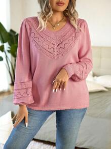 Calvaya Plus Pointelle Knit Lantern Sleeve Sweater - Pink - View 6