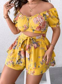 Sunnyshic 大碼印花一字肩短款上衣&短褲 - 黃色 - 查看 8