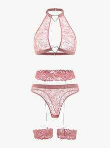 5pack Floral Lace Heart Ring Linked Lingerie Set - Dusty Pink - View 1