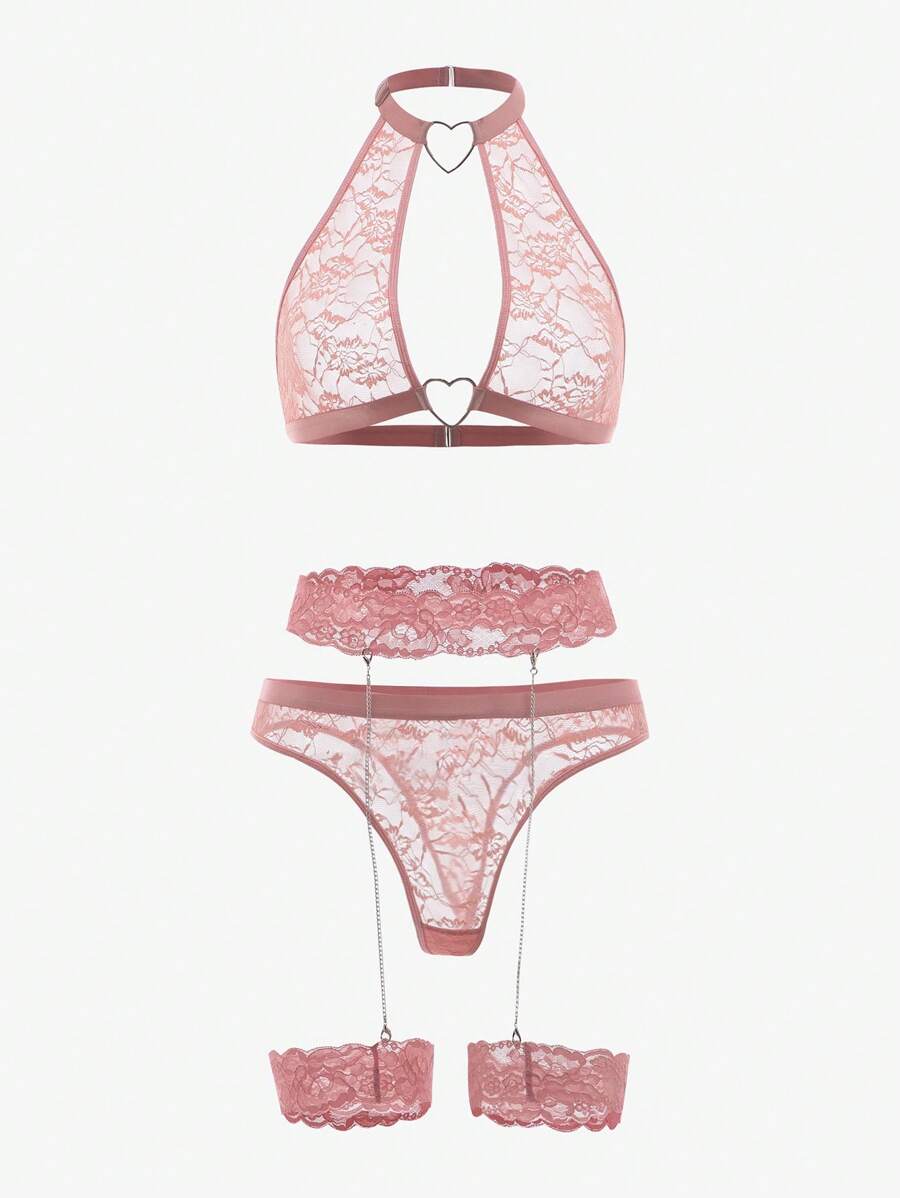 5pack Floral Lace Heart Ring Linked Lingerie Set - Dusty Pink - View 1