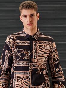 SHEIN Cottnline Men Chain And Floral Print Shirt - Black - View 7