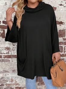 SHEIN LUNE Hơn Cổ bò tay cánh Vá Túi Áo thun - màu đen - Xem 1