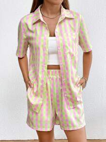 Flirla Gingham Print Shirt & Shorts