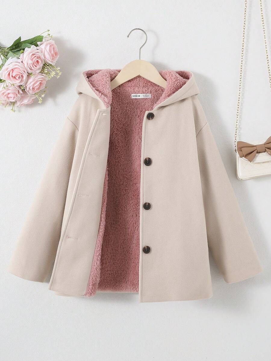 SHEIN Tween Girl Button Front Hooded Teddy Lined Overcoat