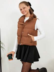 RueChic Teen Girl Zip Up Puffer Vest Coat - Brown - View 3