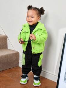 SHEIN Baby Girl Flap Pocket Teddy Jacket & Pants - Lime Green - View 3