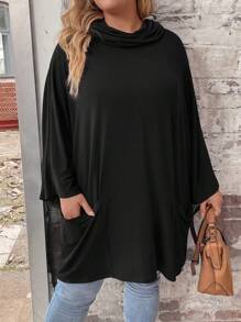 SHEIN LUNE Hơn Cổ bò tay cánh Vá Túi Áo thun - màu đen - Xem 4