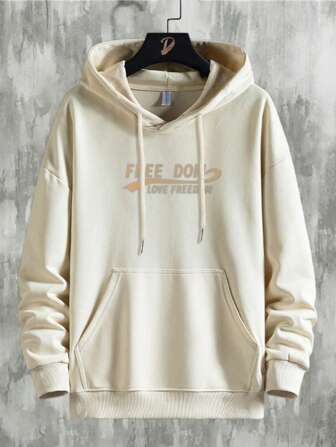 Men Letter Graphic Kangaroo Pocket Drawstring Hoodie