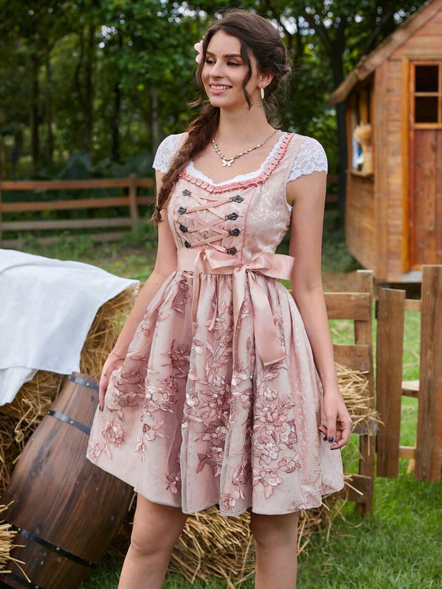 EMERY ROSE Floral Print Lace Up Front Dress Country Dress, Dirndl