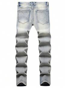 Men Ripped Frayed Bleach Wash Jeans - Medium Wash - View 2