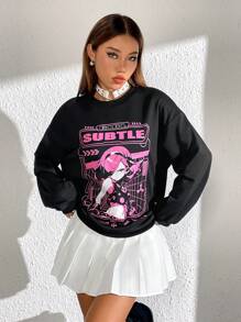 SHEIN Unity Figure & Letter Graphic Drop Shoulder Sweatshirt - Black - View 1