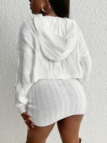 Slaydiva Xoắn Dan Thả vai áo có mũ Sweater & Knit Skirt - trắng - Xem 2