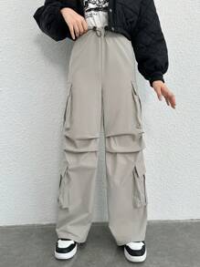 Teen Girl Flap Pocket Side Drawstring Waist Cargo Pants - Khaki - View 3