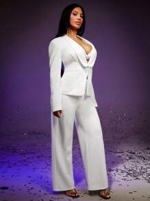 SHEIN SXY Blazer de un solo botón de color sólido, ideal para fiestas de Año Nuevo y Halloween sexy - Blanco - Ver 5