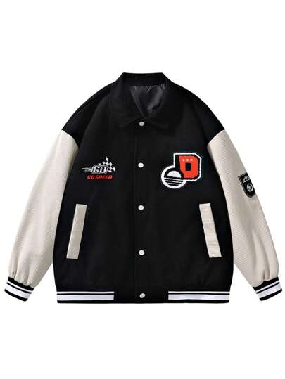Guys Letter Patched Striped Trim Drop Shoulder Jacket
