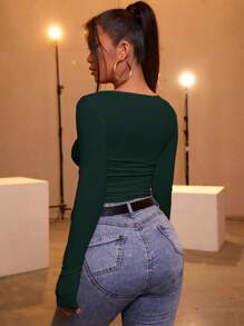 RueChic Drawstring Side Scoop Neck Tee - Dark Green - View 2