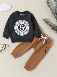 Baby Jungen Buchstaben Grafik, Sweatshirt mit & Tunnelzug, Jogginghose mit - Schwarz - Übersicht 1