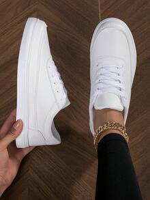 Zapatos Blancos Lisos Femeninos Con Tacón Plano Y Cordones, De Moda - Blanco - Ver 3