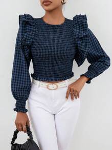 GENKIRA Gingham Print Ruffle Trim Lantern Sleeve Crop Blouse - Multicolor - View 6