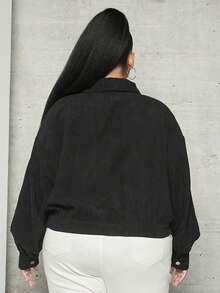 SHEIN CURVE+ Áo khoác nhung kẻ trễ vai có viền viền Plus - màu đen - Xem 2