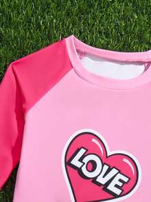 女嬰字母圖案高領荷葉邊沙灘泳裝 - 粉色 - 查看 4