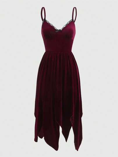 Goth Vestido camisero de terciopelo con dobladillo tipo pañuelo y encaje en contraste