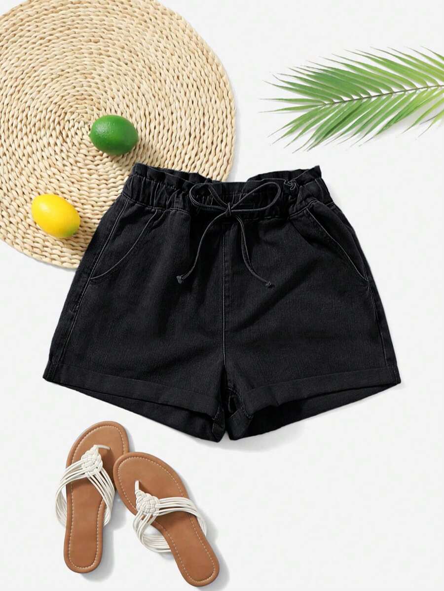 Drawstring Waist Roll Hem Denim Shorts - Black - View 1