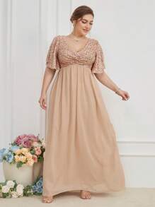 加大撞色亮片蝴蝶袖雪纺伴娘服优雅连衣裙