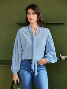 SHEIN Frenchy Cà vạt Thả vai Tay áo lồng đèn Áo - Màu xanh nhạt - Xem 2