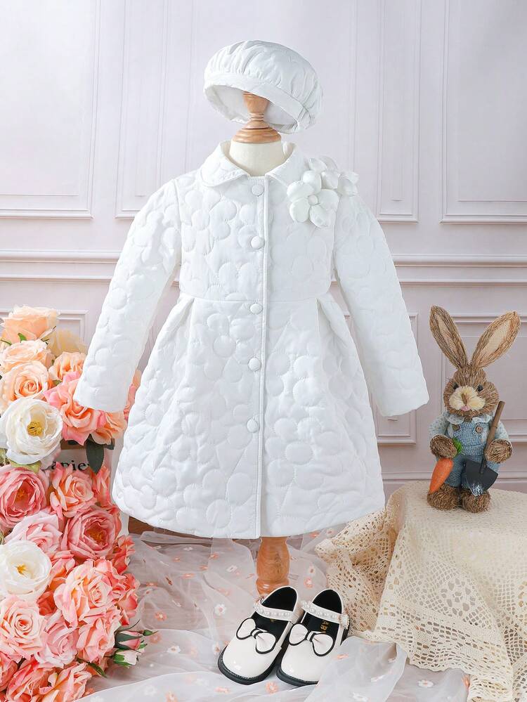 Young Girl 3D Flower Front Button Up Quilted Dress & Hat