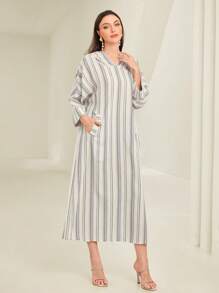 Al Najma Striped Print Batwing Sleeve Dual Pocket Dress, Modest
