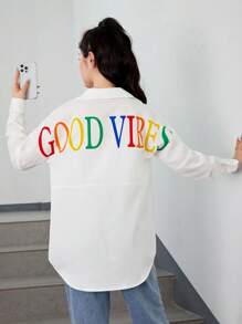 Chica adolescente Camisa con estampado de letra de hombros caídos