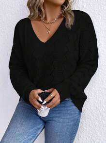 SHEIN LUNE Plus Pointelle Knit Drop Shoulder Sweater, For Winter