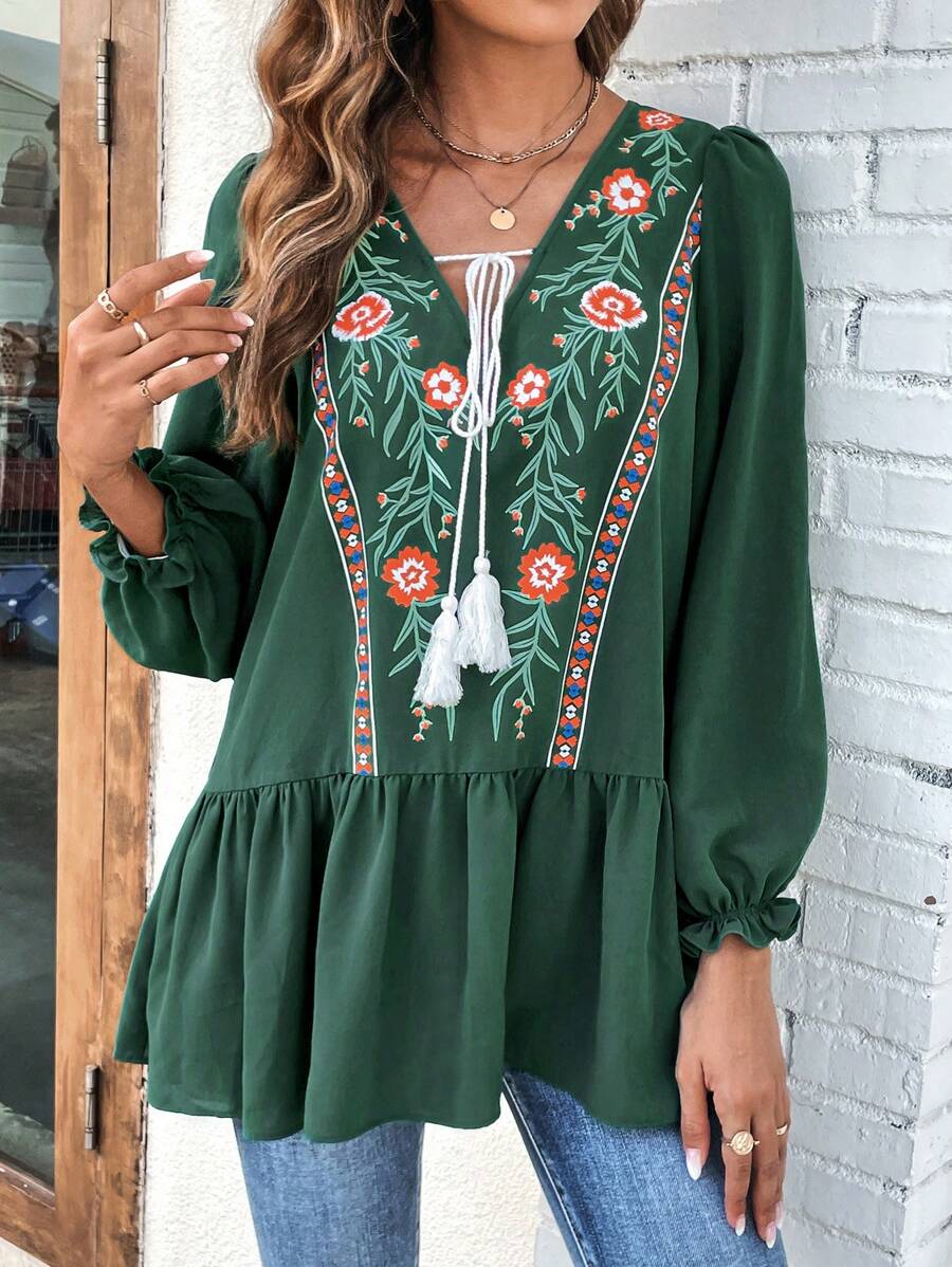 SHEIN LUNE Floral Print Tassel Tie Neck Flounce Sleeve Ruffle Hem Blouse - Green - View 1