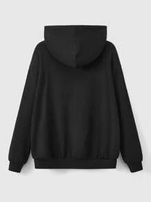 ROMWE Kawaii Áo hoodie có dây rút kéo khóa hình đầu lâu, trường học, áo dài tay - màu đen - Xem 2