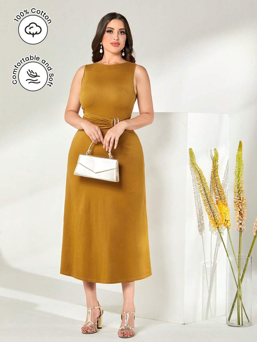 Modelyn 棉素色抽褶腰洋裝 - 芥末黃 - 查看 1