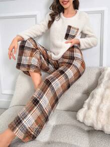 格紋印花口袋貼布休閒服套裝 - 彩色 - 查看 1