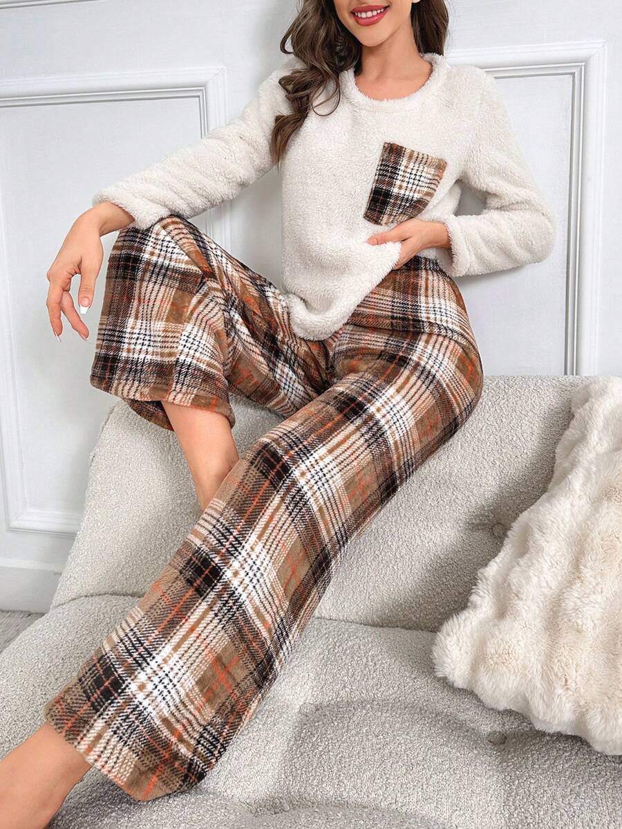 格紋印花口袋貼布休閒服套裝 - 彩色 - 查看 1