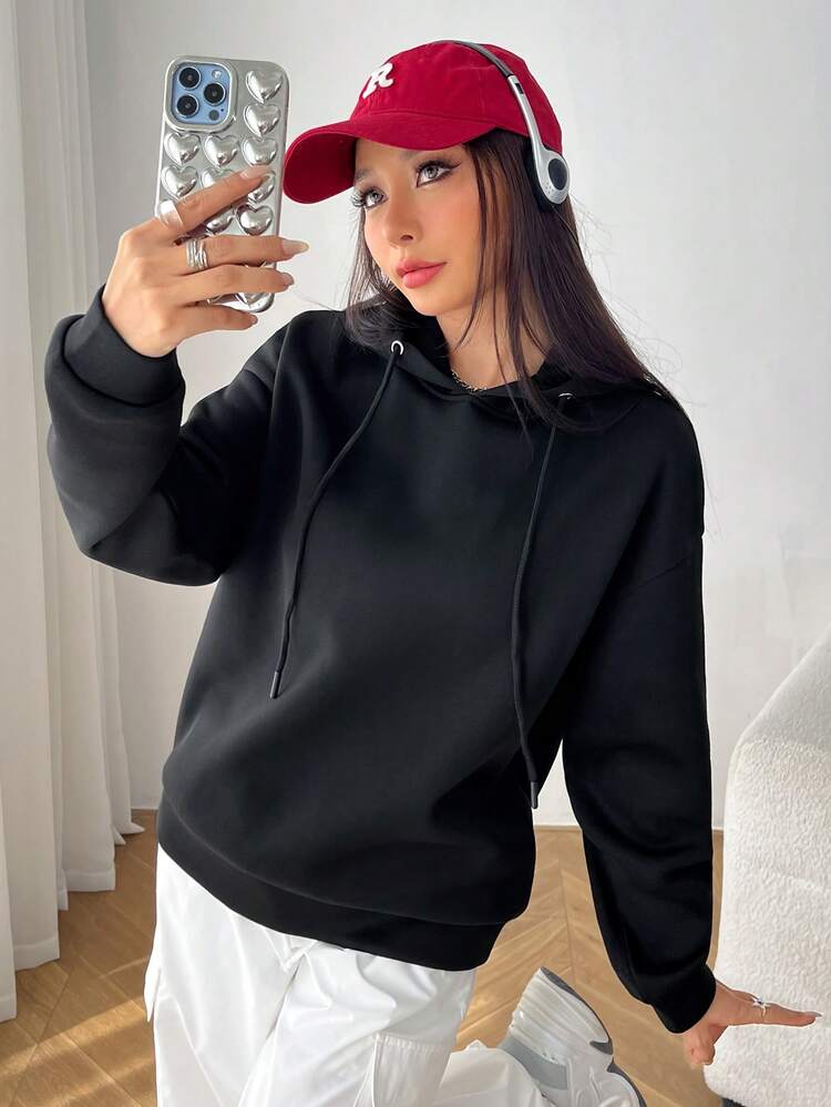 SHEIN EZwear 春季服装标语图案落肩连帽衫 YOU LOVE ME，秋冬长袖上衣 - 黑色 - 查看 6