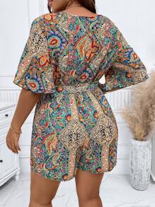 SHEIN Unity Plus Paisley Print Butterfly Sleeve Belted Romper