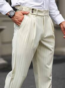 Manfinity Mode Men Striped Print Slant Pocket Suit Trousers - Apricot - View 3