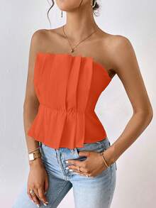 SHEIN Privé 素色百褶抹胸上衣 - 橘色 - 查看 3