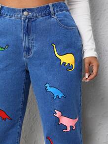 SHEIN EZwear Hơn In Khủng long Quần jean Mom Fit - Rửa nhẹ - Xem 6